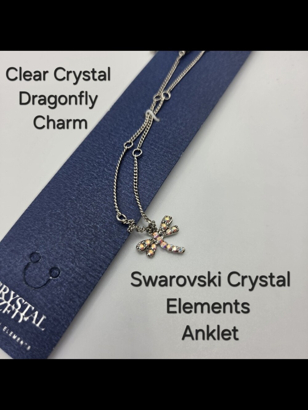 Crystal Anklet Swarovski Elements Clear Dragonfly Charm Silver Tone NWT